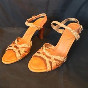 Cole Haan Woven Gold Brown Strappy Sandals